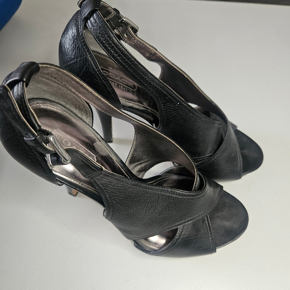 Coach Adelle Black Leather Platform Sandals Peep‎ Toe Heels Q1521 Womens 7B